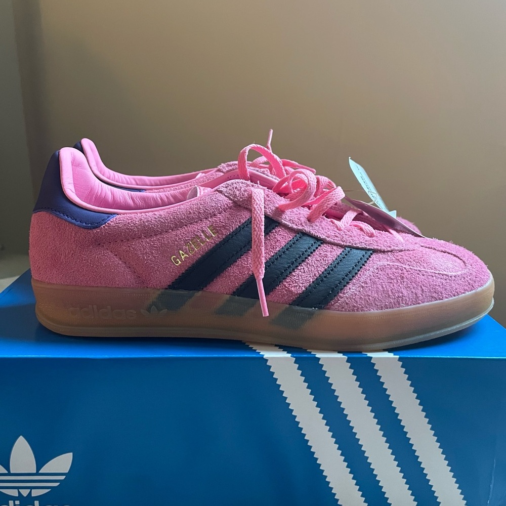 adidas Gazelle Women’s Pink Suede Sneakers with Black Stripes